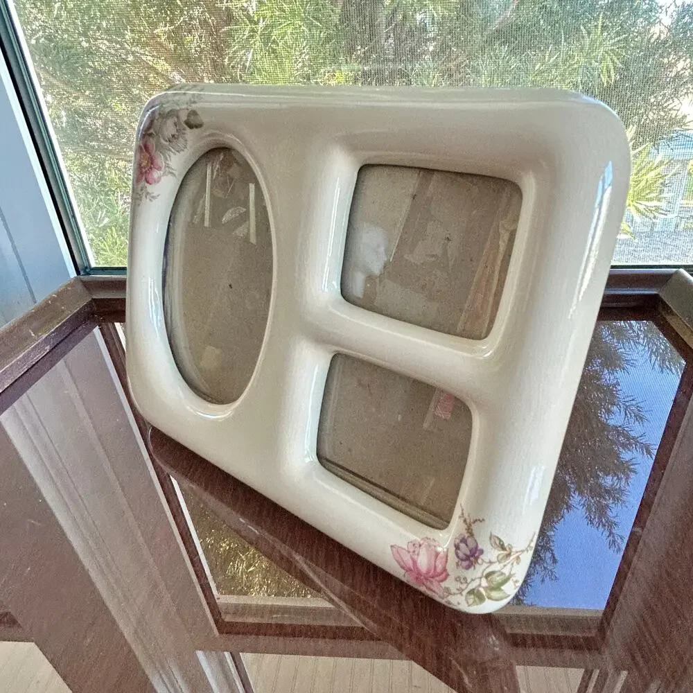 Vintage 1983 Terragrafics Triple Ceramic Floral Photo Frame – Cottagecore Decor